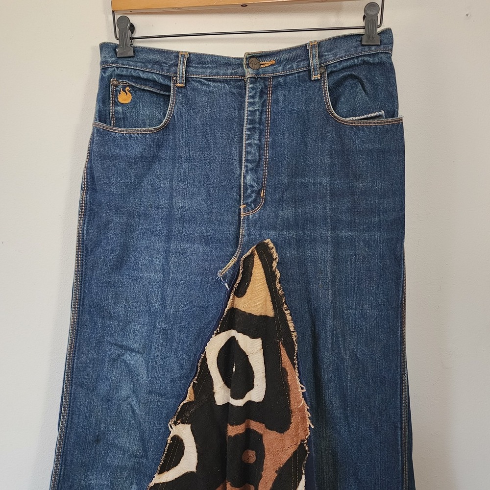 Vintage Y2k Denim Maxi Skirt Patterned Geometric Boho Print Art To Wear 14 View 2